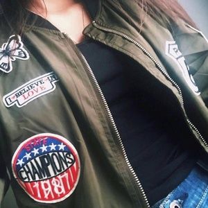 NWOT Forever 21 Olive Bomber Jacket with Patches